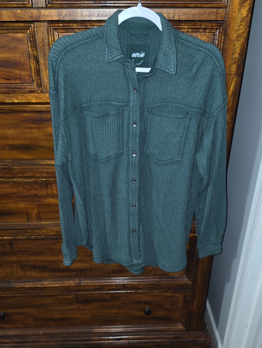 Aerie Womens Waffle Knit Button Down Shirt,Dark Green Sz XXS! Like Nee Condition